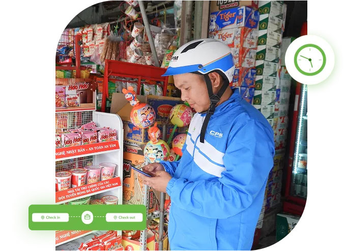 Nhân viên giao hàng check-in tại cửa hàng tạp hóa bằng ứng dụng F-Track